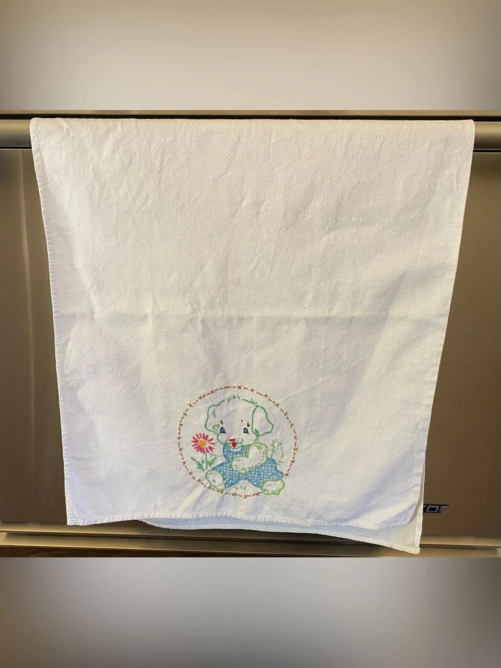 Vintage Hand-Embroidered Puppy Tea Towel Retro White with Multi-Color Stitching